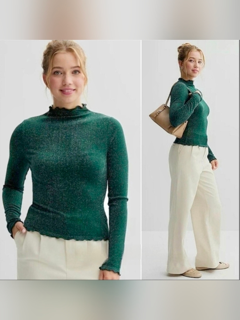 H&M Emerald Green Mock Neck Ribbed Long Sleeve Scallop Edge top - size Small